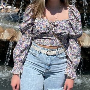 shirred floral long sleeve crop top